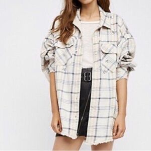 Free People Cream Plaid Button-Up Shirt with Frayed Hem Sequin Stars Shacket S